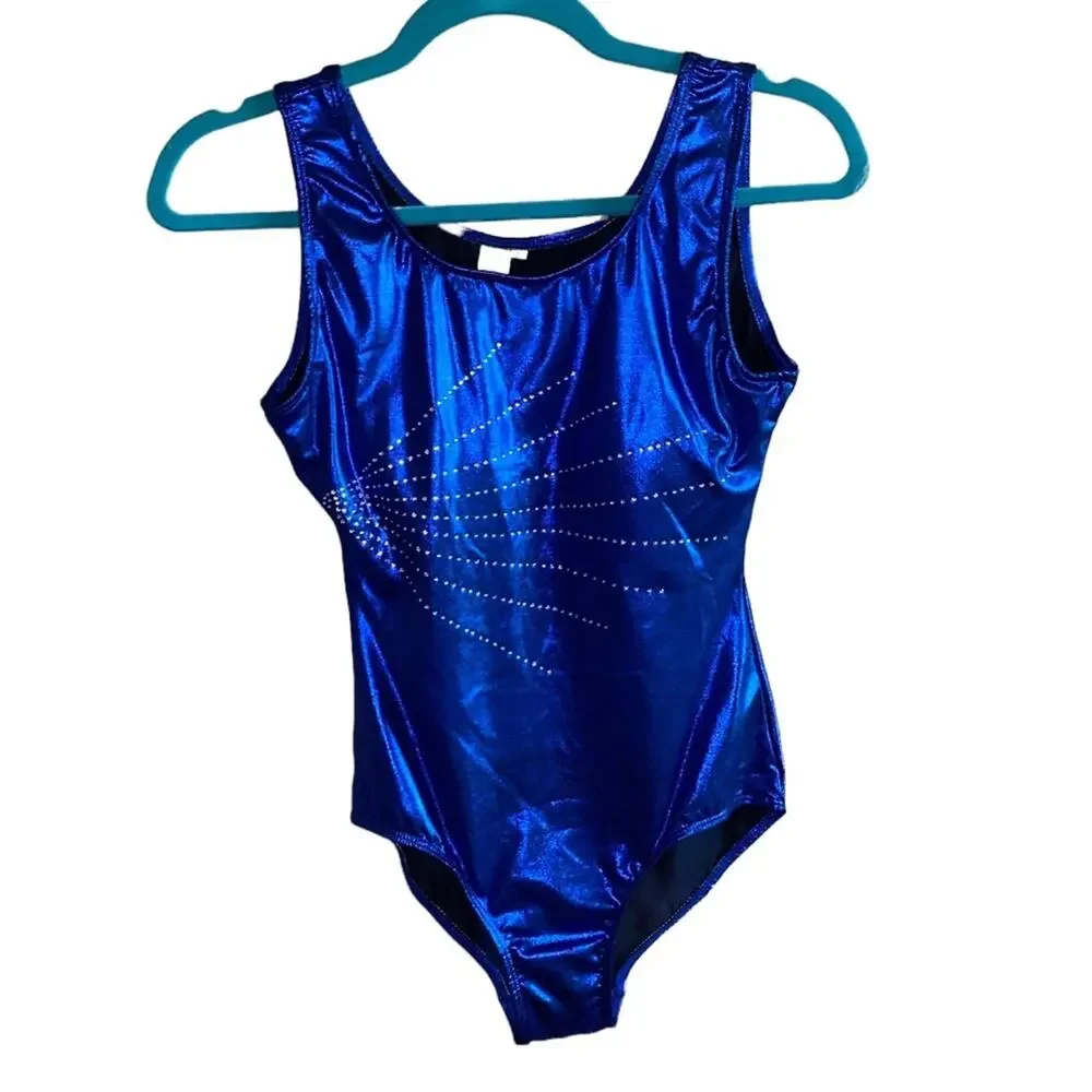 NWT Metallic Blue Leotard Small Rhinestone‎ Gymnastics Dance Bodysuit Shiny